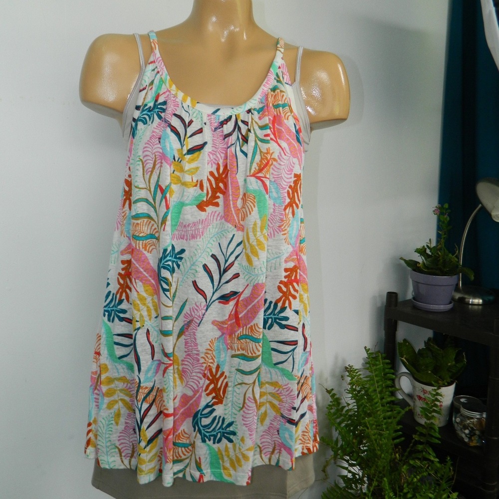 Cynthia Rowley Tank Halter Top Women XL Multi Color Linen Tropical Floral Cami